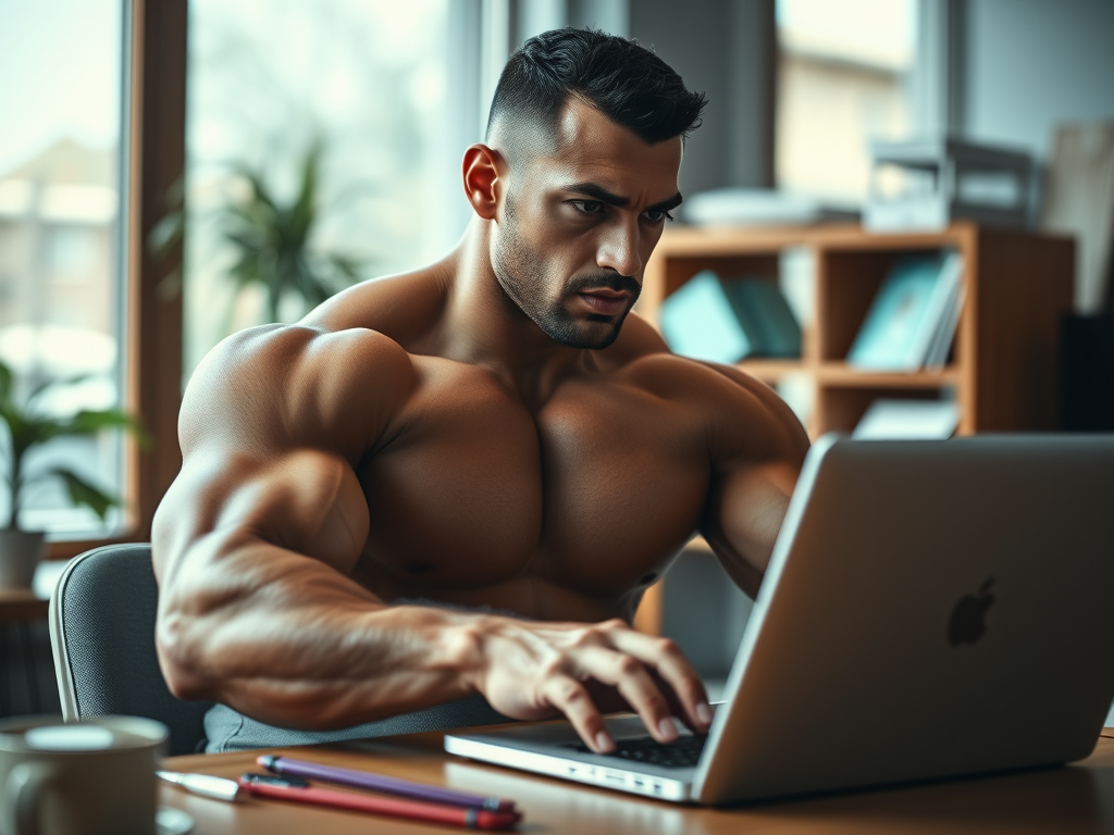 AI-generated image of a muscular bodybuilder typing on a laptop.