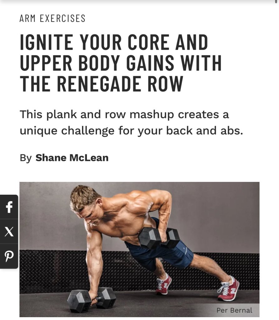 Muscular athlete performing renegade row dumbbell exercise.